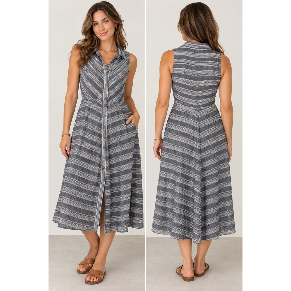 Lulu's Midi Dress Womens S Coastal Nautical Striped Button Down Cutout Back